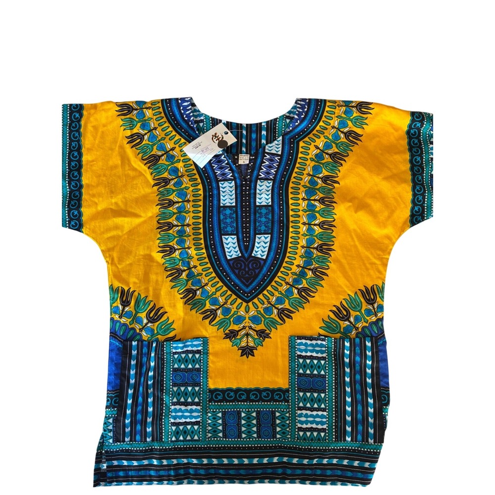 Sage and Shea Yellow Dashiki Top Blue African Print Cotton Tunic Shirt Small NWT